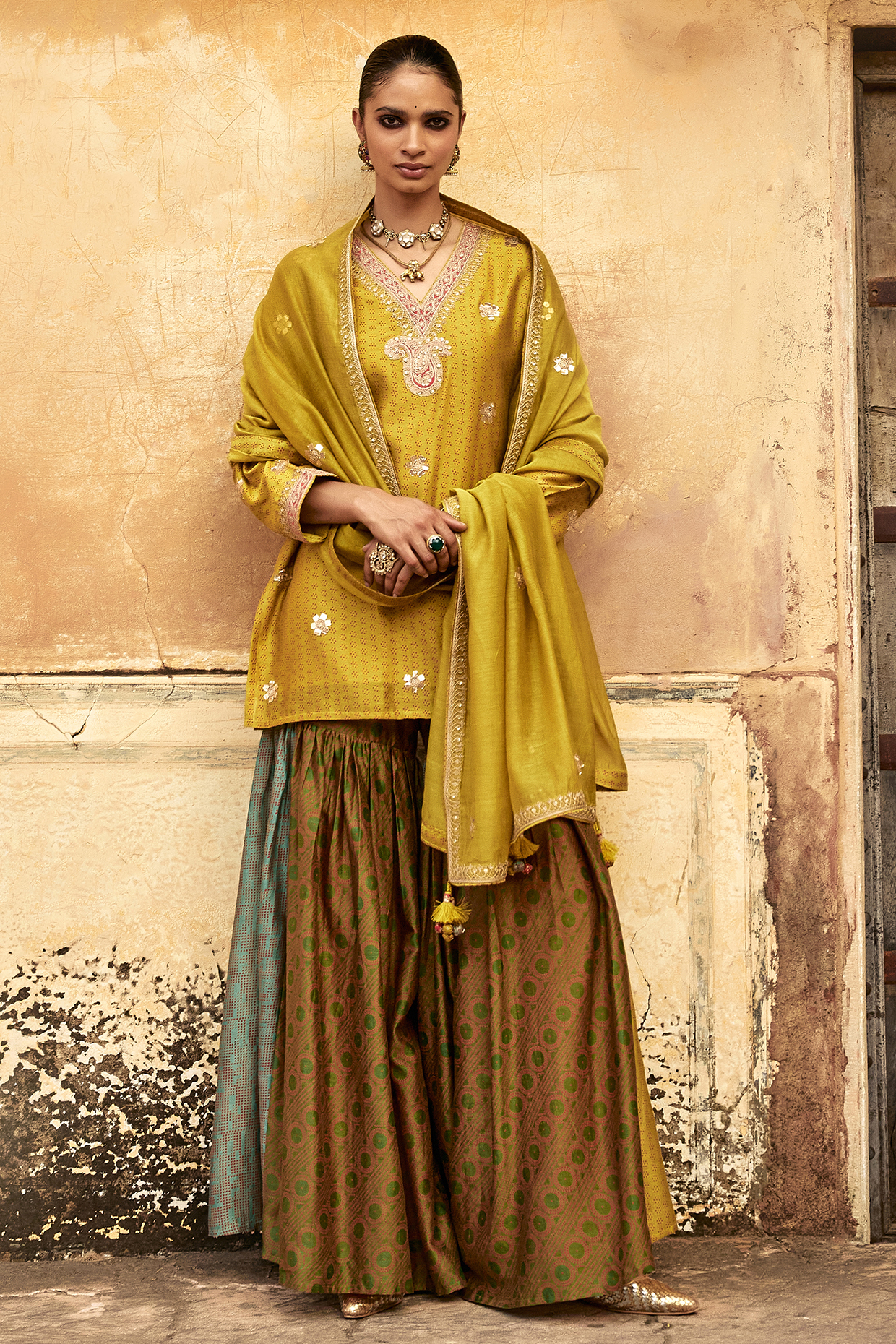 Multi-Colored Handloom Chanderi Wedding Sharara Set by Avacara at Pernia's Pop Up Shop
