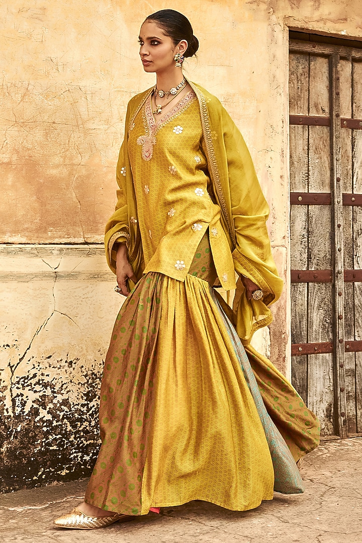 Multi-Colored Handloom Chanderi Wedding Sharara Set by Avacara at Pernia's Pop Up Shop