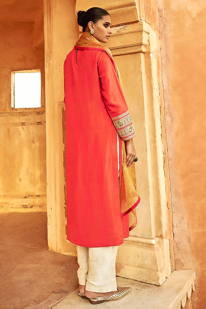 Orange Mulberry Silk Dor Embroidered Kurta Set by Avacara at Pernia's Pop Up Shop