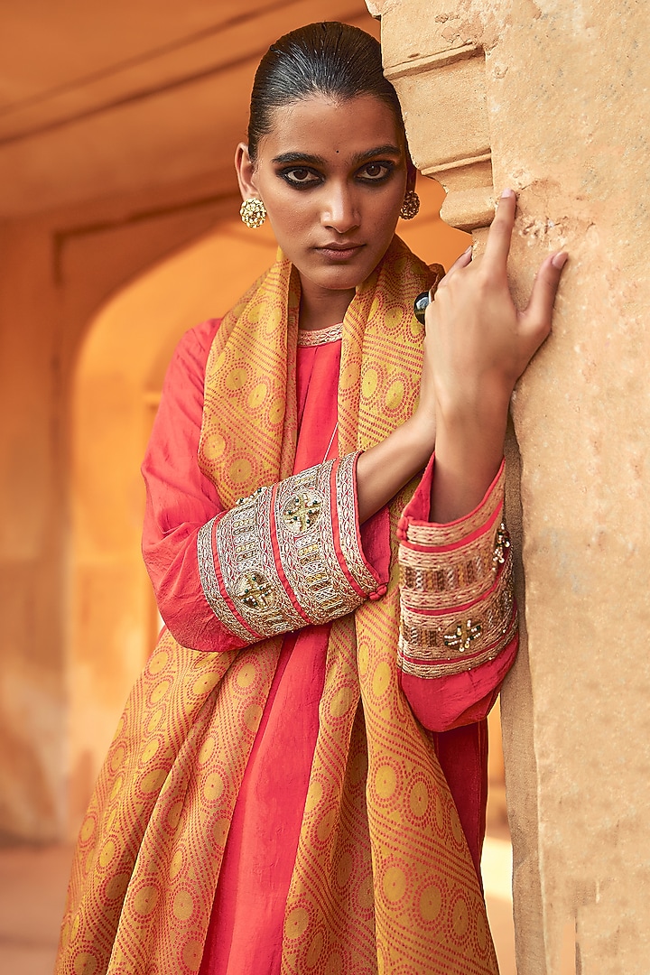 Orange Mulberry Silk Dor Embroidered Kurta Set by Avacara at Pernia's Pop Up Shop