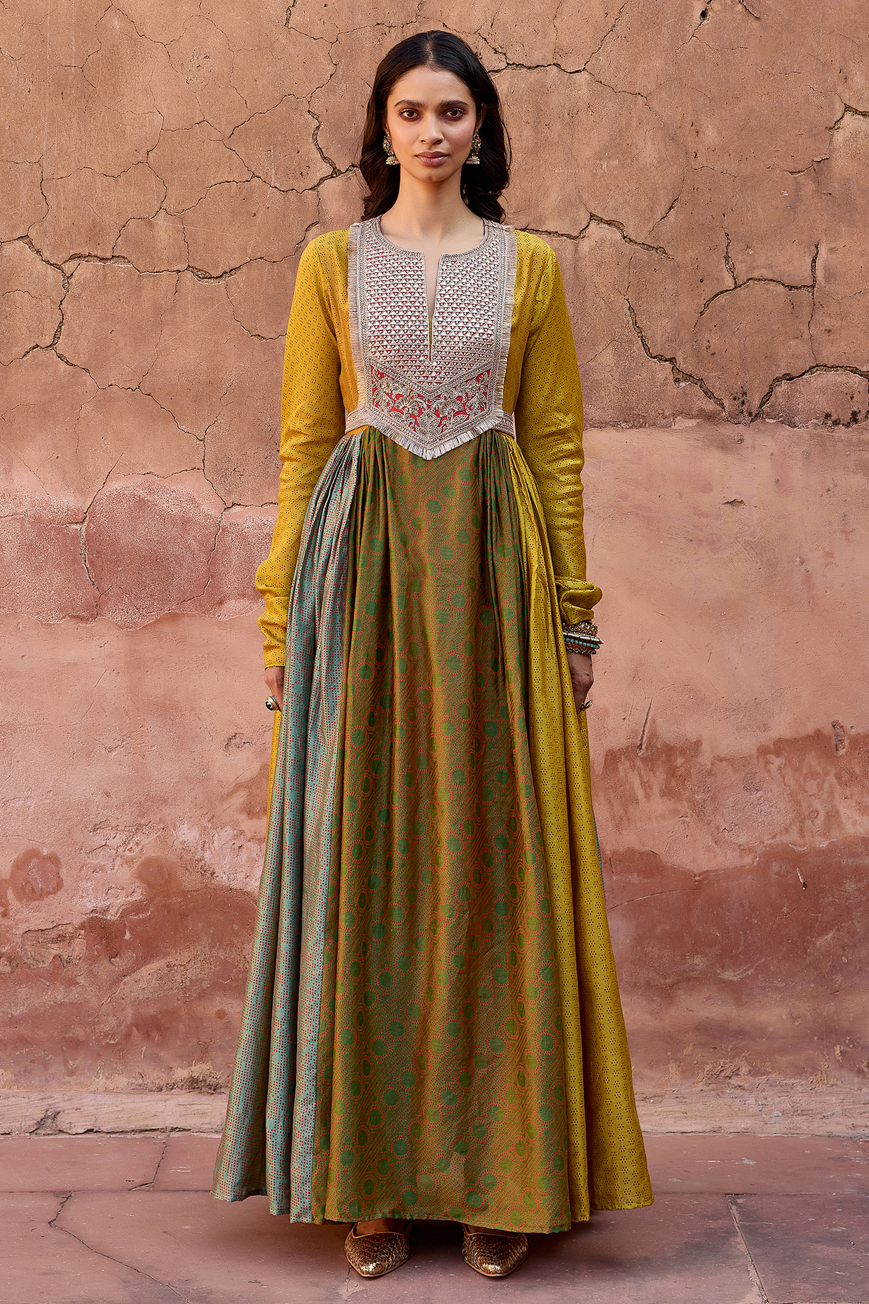 Multi-Colored Handloom Chanderi Block Printed Anarkali Cocktail Dress by Avacara at Pernia's Pop Up Shop
