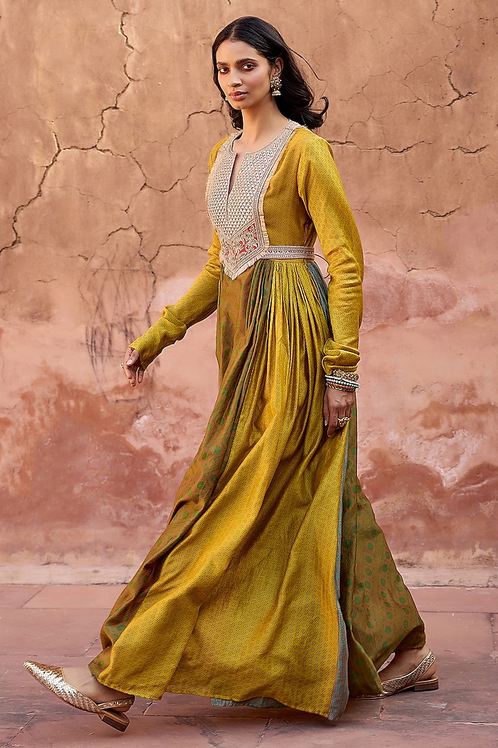 Multi-Colored Handloom Chanderi Block Printed Anarkali Cocktail Dress by Avacara at Pernia's Pop Up Shop