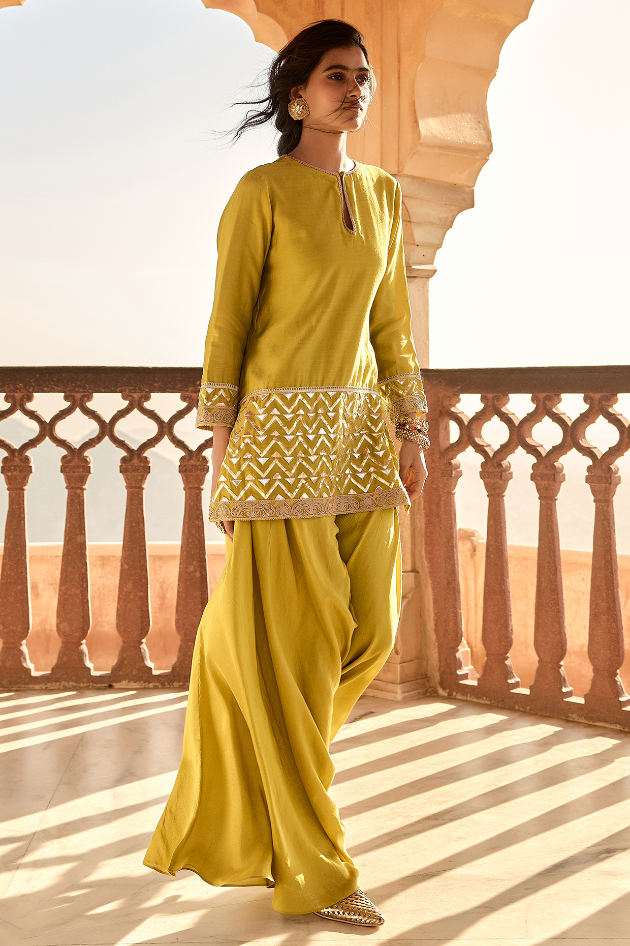 Yellow Handloom Chanderi Dori Embroidered Short Kurta Set by Avacara at Pernia's Pop Up Shop