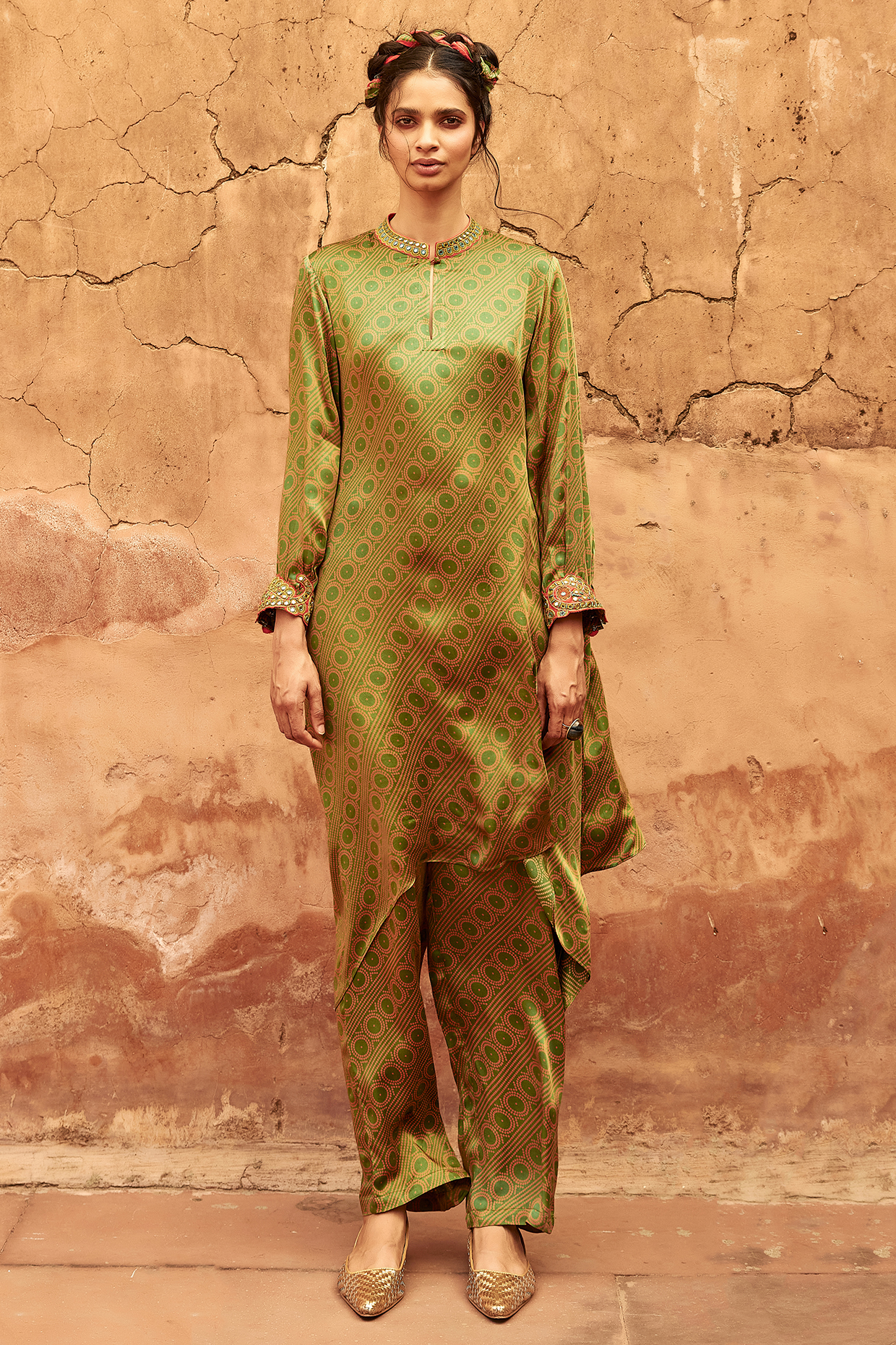  Green Satin Silk Hand Block Printed Co-ord Set by Avacara at Pernia's Pop Up Shop