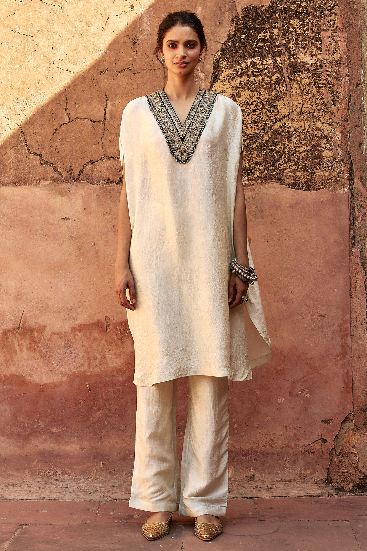 Ivory Mulberry Silk Metal Sequins Kaftan Set by Avacara at Pernia's Pop Up Shop