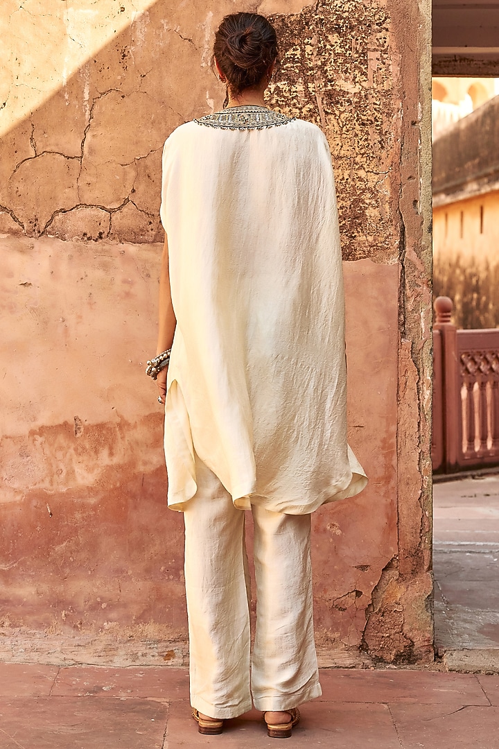 Ivory Mulberry Silk Metal Sequins Kaftan Set by Avacara at Pernia's Pop Up Shop
