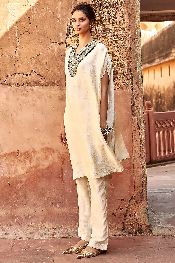 Ivory Mulberry Silk Metal Sequins Kaftan Set by Avacara at Pernia's Pop Up Shop