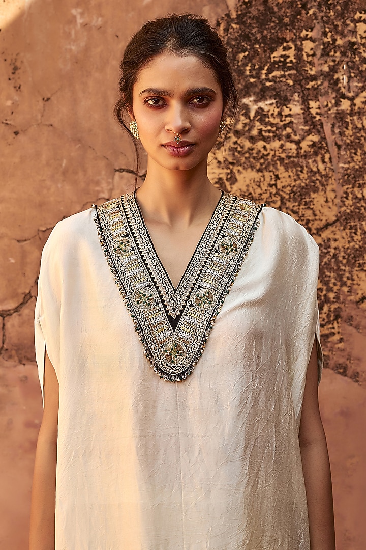 Ivory Mulberry Silk Metal Sequins Kaftan Set by Avacara at Pernia's Pop Up Shop