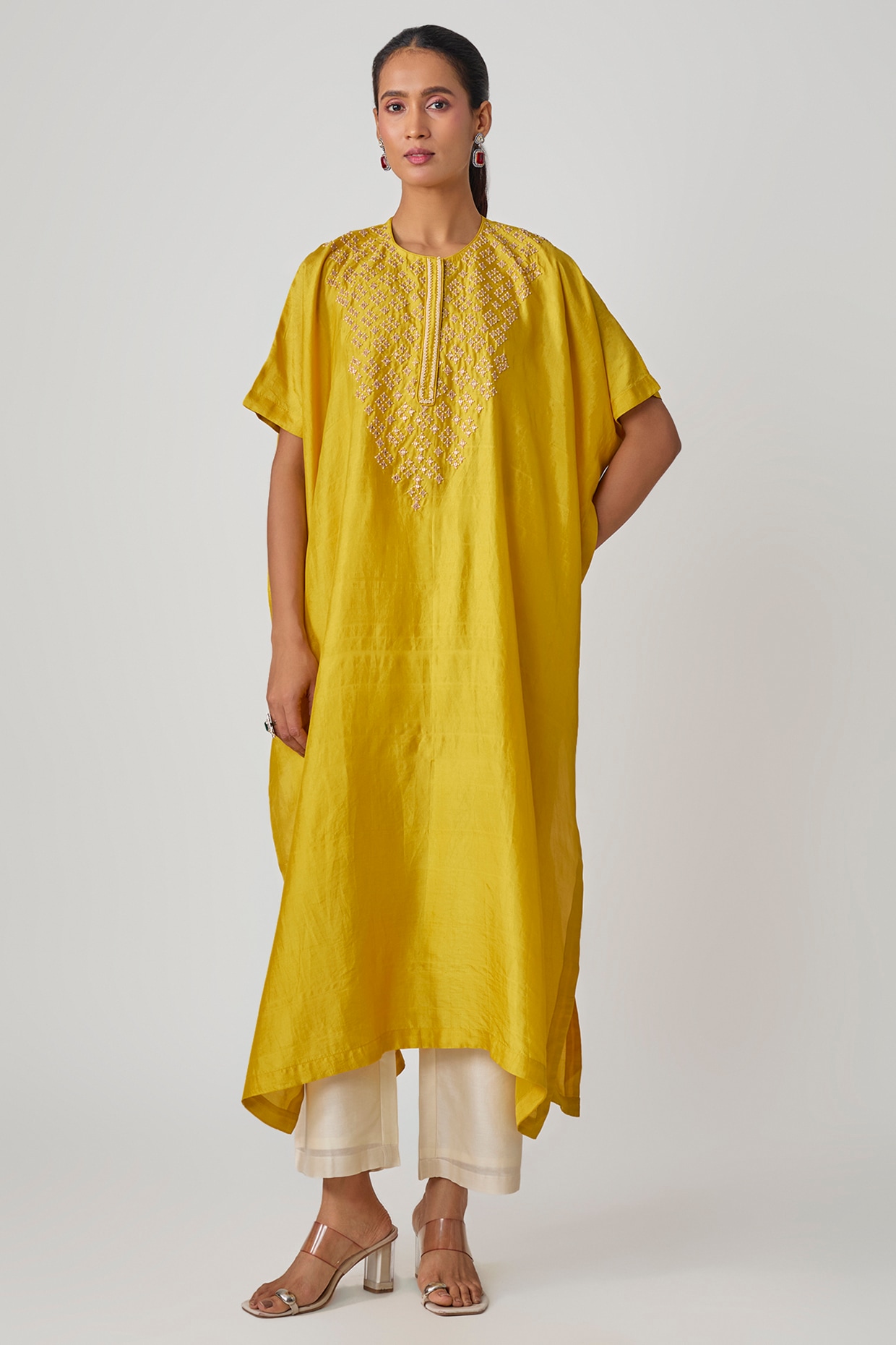 Avacara Yellow Silk Hand Embroidered Kaftan Set