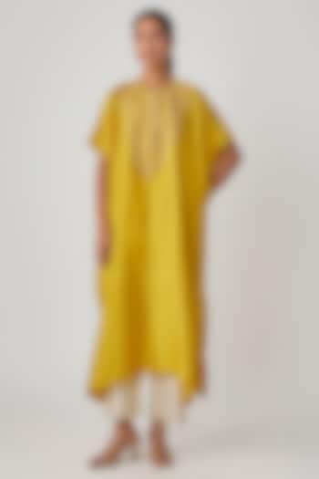 Yellow Silk Hand Embroidered Kaftan Set by Avacara at Pernia's Pop Up Shop