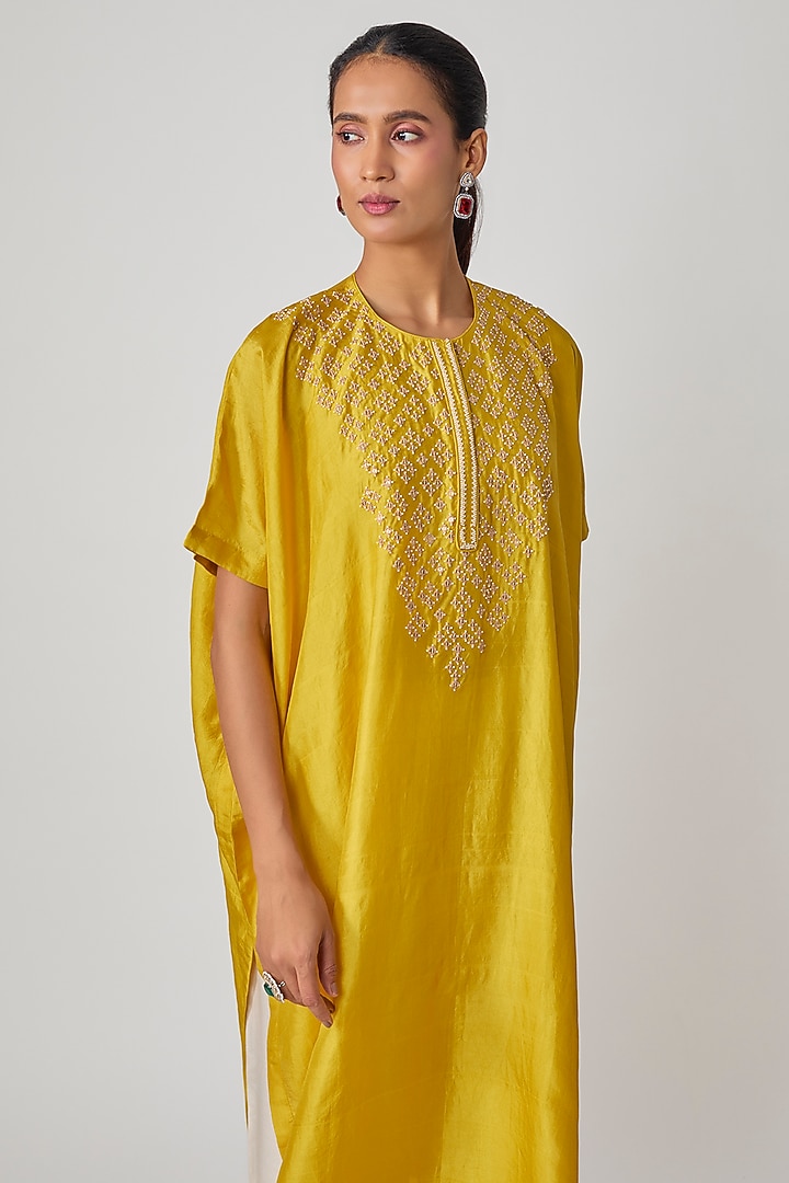 Yellow Silk Hand Embroidered Kaftan Set by Avacara at Pernia's Pop Up Shop