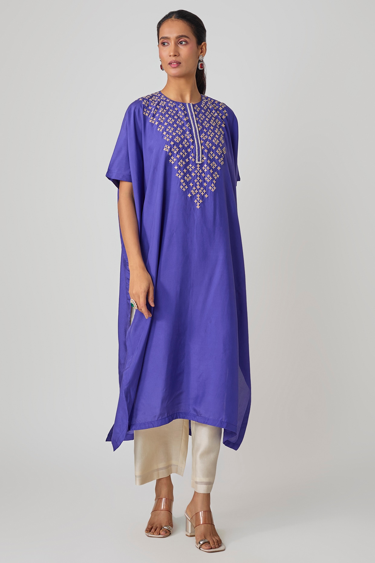 Avacara Blue Silk Hand Embroidered Kaftan Set