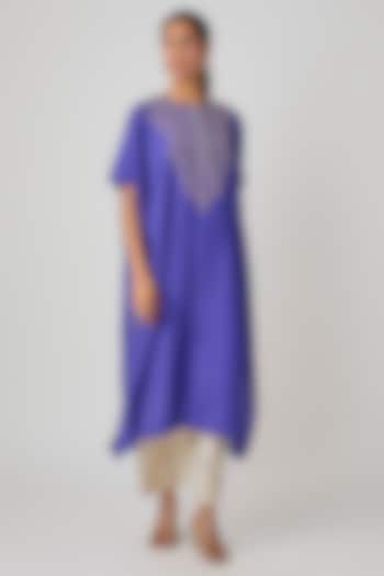 Blue Silk Hand Embroidered Kaftan Set by Avacara at Pernia's Pop Up Shop