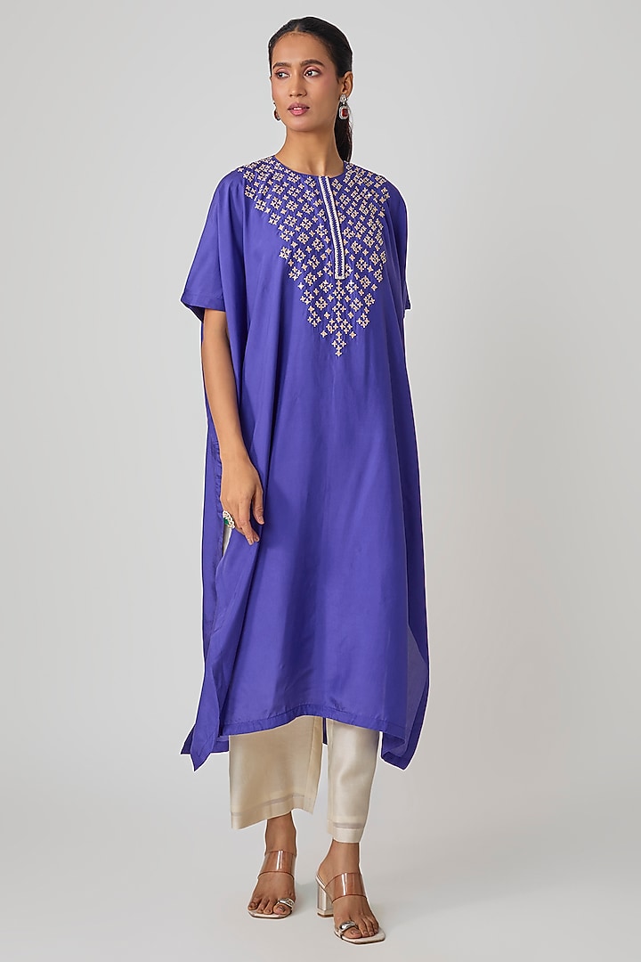 Blue Silk Hand Embroidered Kaftan Set by Avacara at Pernia's Pop Up Shop