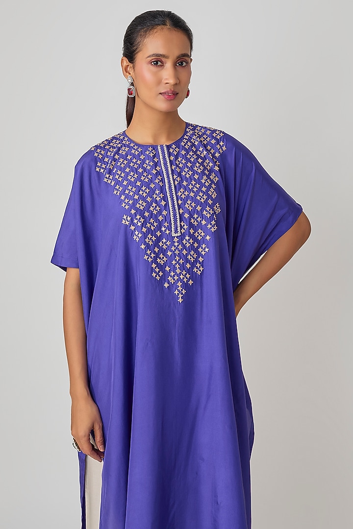 Blue Silk Hand Embroidered Kaftan Set by Avacara at Pernia's Pop Up Shop