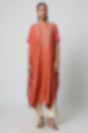 Red Silk Pearl Hand Embroidered Kaftan Set by Avacara at Pernia's Pop Up Shop
