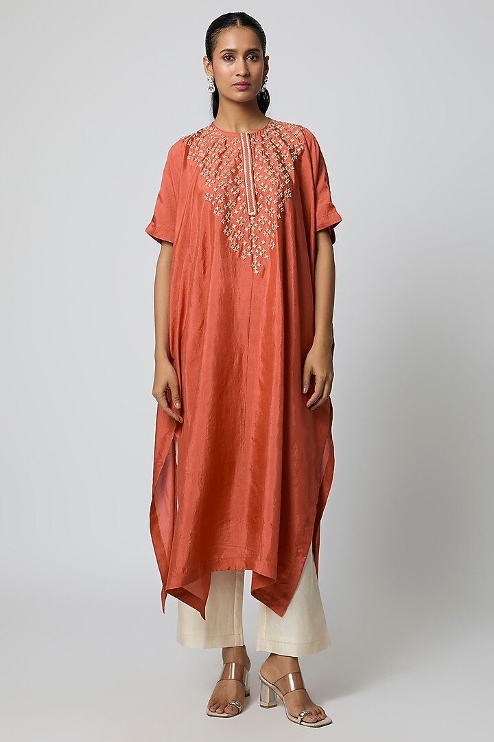 Red Silk Pearl Hand Embroidered Kaftan Set by Avacara at Pernia's Pop Up Shop