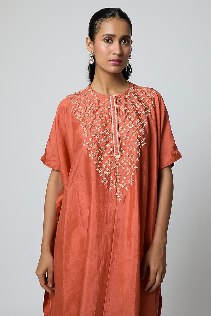 Red Silk Pearl Hand Embroidered Kaftan Set by Avacara at Pernia's Pop Up Shop