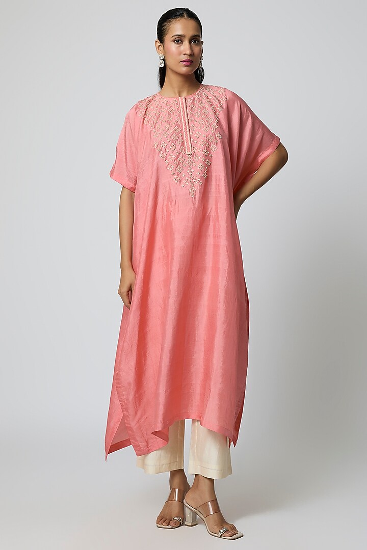 Light Pink Silk Pearl Hand Embroidered Kaftan Set by Avacara at Pernia's Pop Up Shop