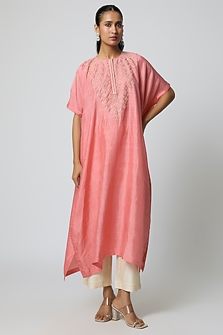 Light Pink Silk Pearl Hand Embroidered Kaftan Set by Avacara