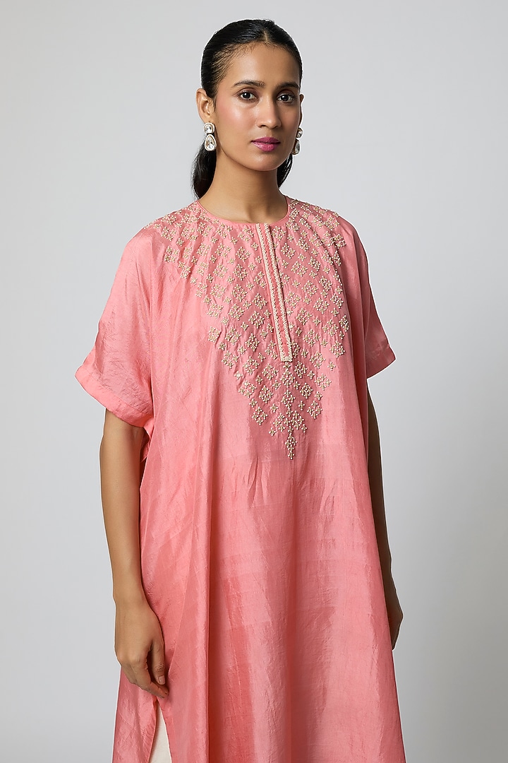 Light Pink Silk Pearl Hand Embroidered Kaftan Set by Avacara at Pernia's Pop Up Shop
