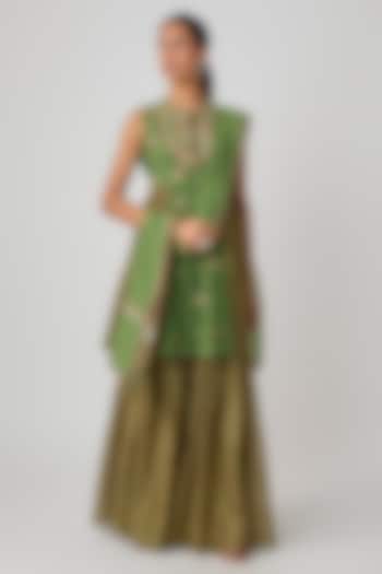 Green Chanderi Wedding Sharara Set by Avacara at Pernia's Pop Up Shop