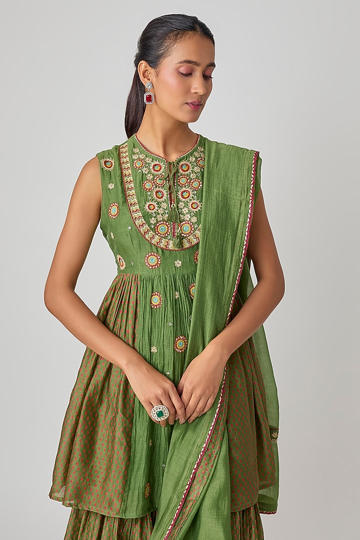 Green Chanderi Wedding Sharara Set by Avacara at Pernia's Pop Up Shop
