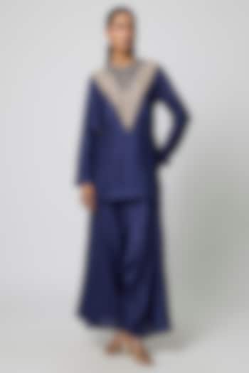 Navy Blue Pure Silk Pearl Embroidered Kurta Set by Avacara at Pernia's Pop Up Shop
