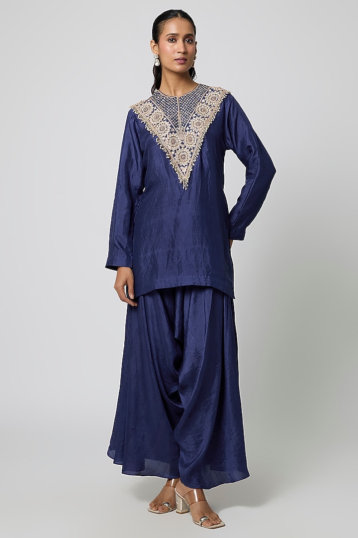 Navy Blue Pure Silk Pearl Embroidered Kurta Set by Avacara at Pernia's Pop Up Shop