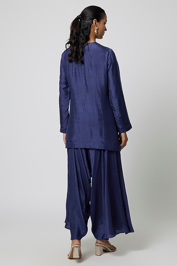 Navy Blue Pure Silk Pearl Embroidered Kurta Set by Avacara at Pernia's Pop Up Shop