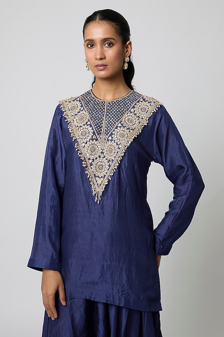 Navy Blue Pure Silk Pearl Embroidered Kurta Set by Avacara at Pernia's Pop Up Shop