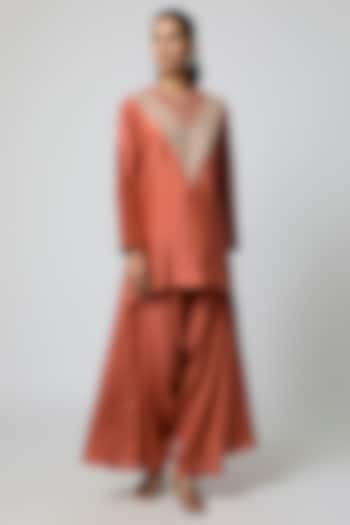Rust Pure Silk Pearl Embroidered Kurta Set by Avacara at Pernia's Pop Up Shop
