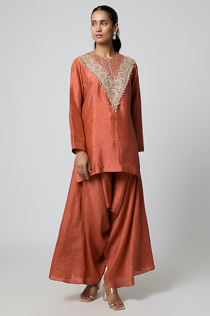 Rust Pure Silk Pearl Embroidered Kurta Set by Avacara at Pernia's Pop Up Shop