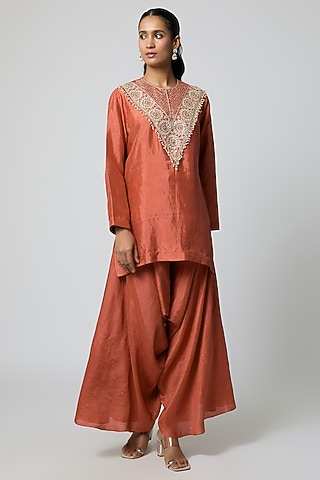 Rust Pure Silk Pearl Embroidered Kurta Set by Avacara