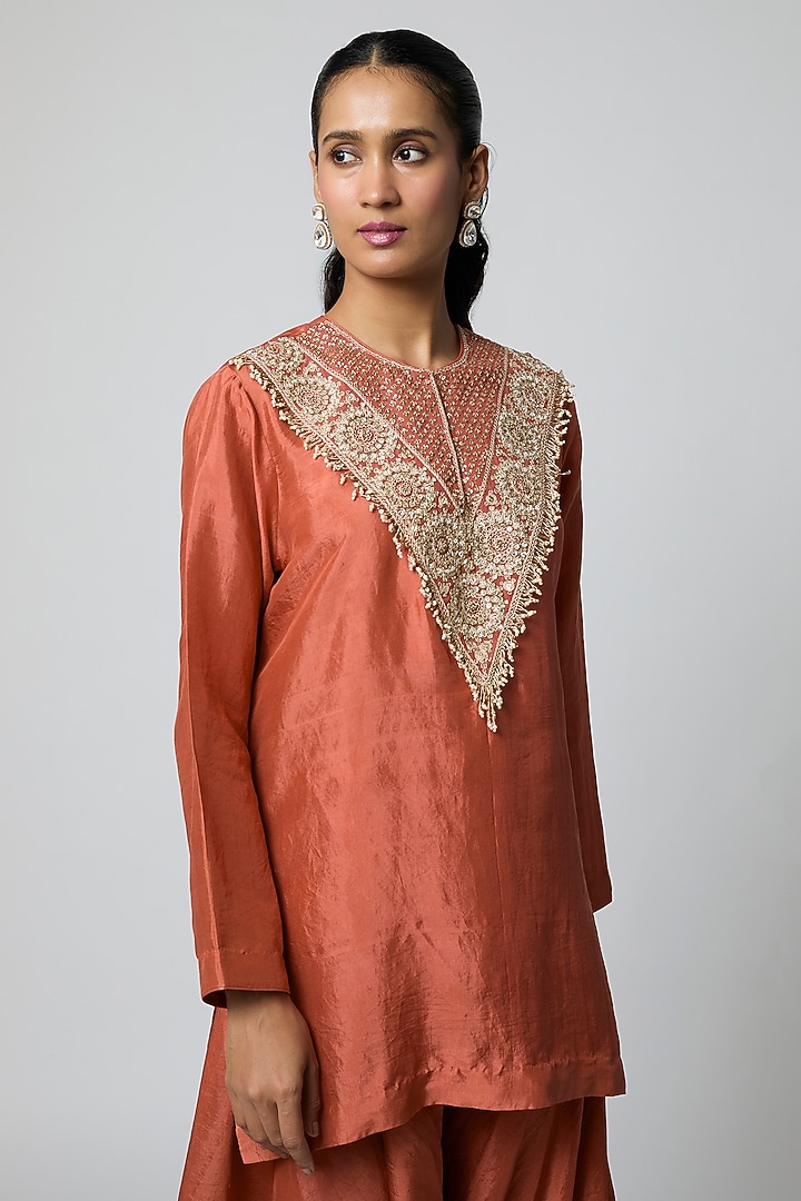 Rust Pure Silk Pearl Embroidered Kurta Set by Avacara at Pernia's Pop Up Shop
