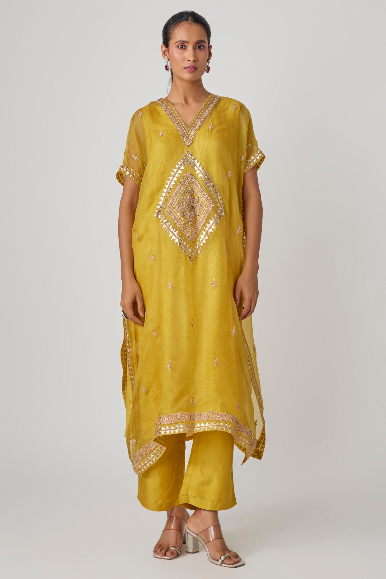 Avacara Yellow Organza & Silk Dori Embroidered Kaftan Set