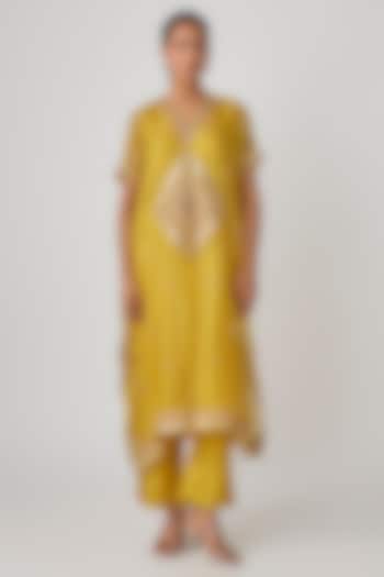 Yellow Organza & Silk Dori Embroidered Kaftan Set by Avacara at Pernia's Pop Up Shop