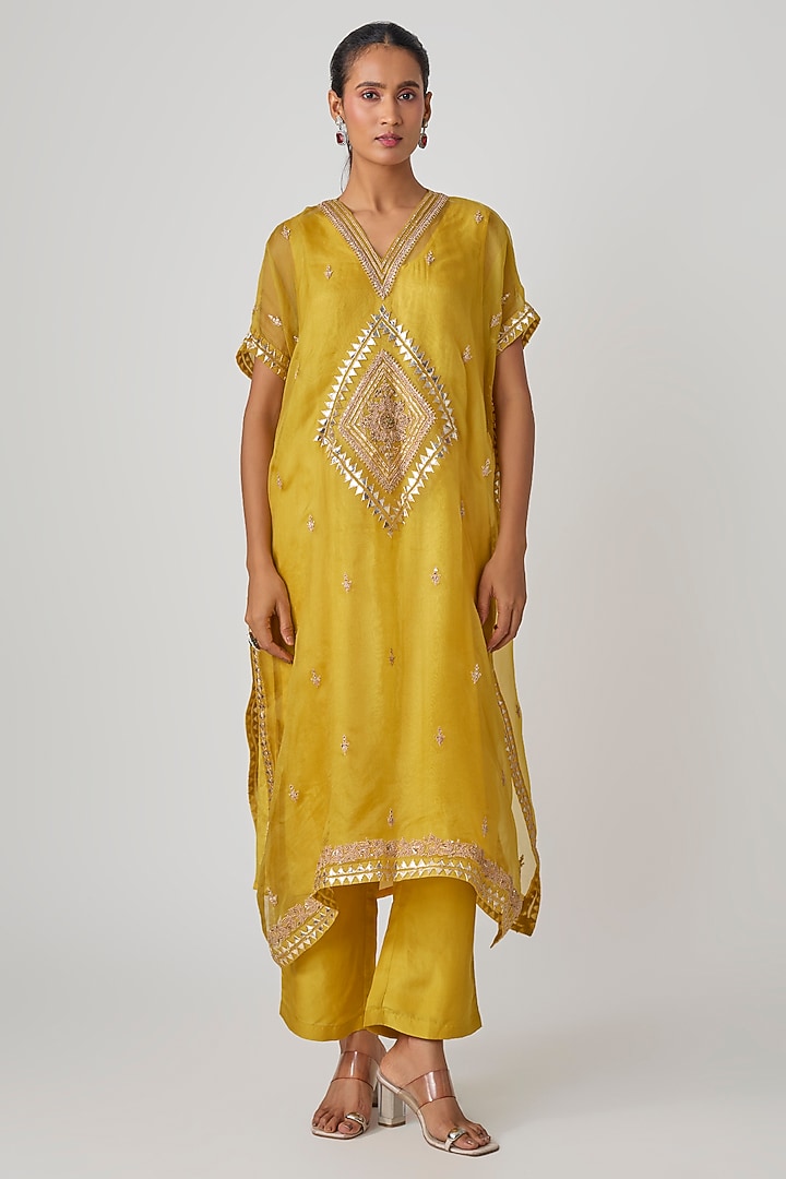 Yellow Organza & Silk Dori Embroidered Kaftan Set by Avacara at Pernia's Pop Up Shop