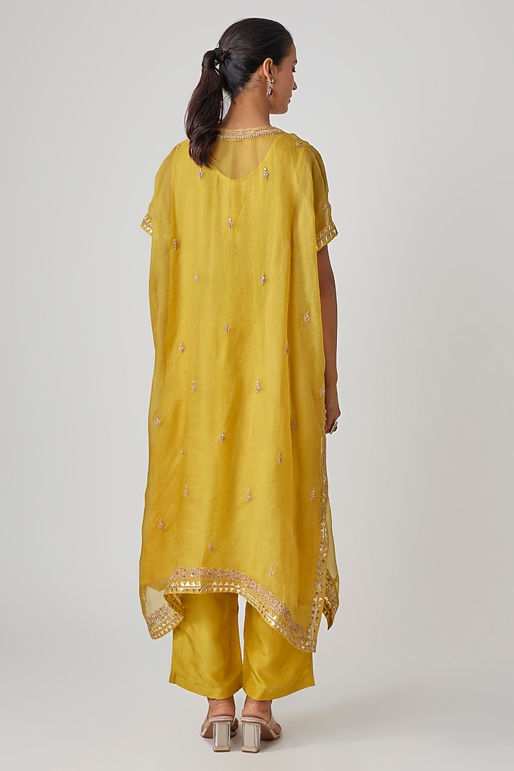Yellow Organza & Silk Dori Embroidered Kaftan Set by Avacara at Pernia's Pop Up Shop