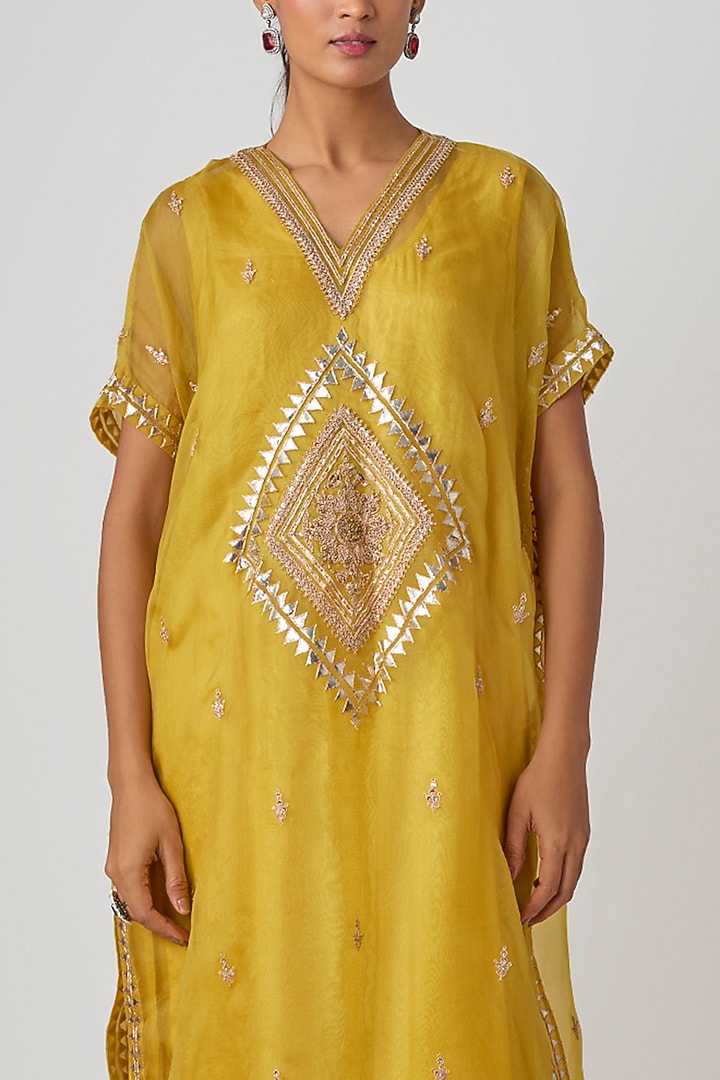 Yellow Organza & Silk Dori Embroidered Kaftan Set by Avacara at Pernia's Pop Up Shop