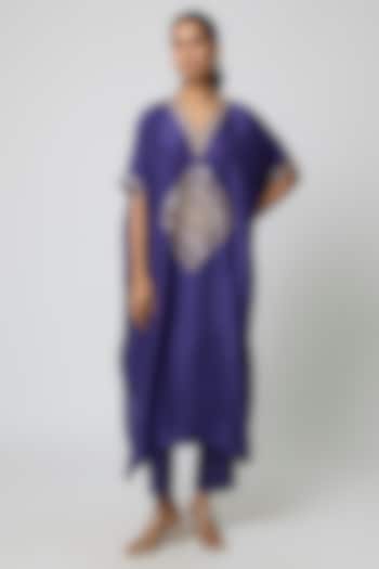Blue Silk Gota Embroidered Kaftan Set by Avacara at Pernia's Pop Up Shop
