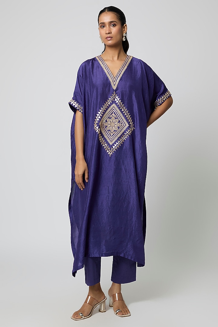 Blue Silk Gota Embroidered Kaftan Set by Avacara at Pernia's Pop Up Shop