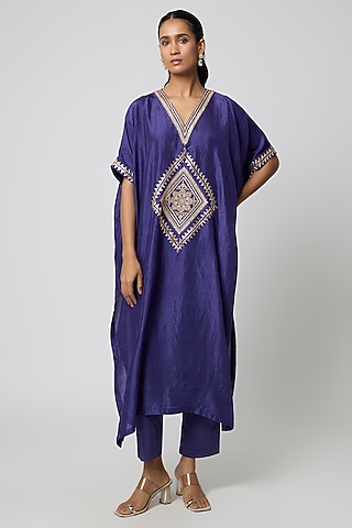 Blue Silk Gota Embroidered Kaftan Set by Avacara