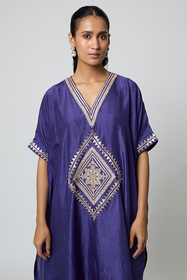 Blue Silk Gota Embroidered Kaftan Set by Avacara at Pernia's Pop Up Shop