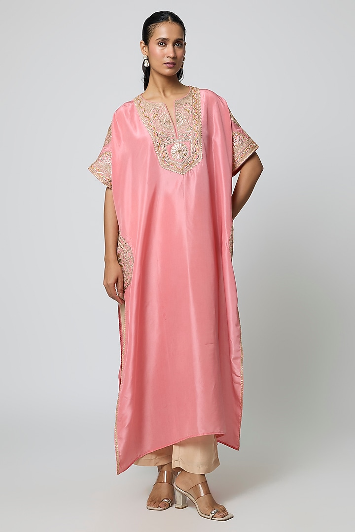 Pink Silk Gota Embroidered Kaftan Set by Avacara at Pernia's Pop Up Shop