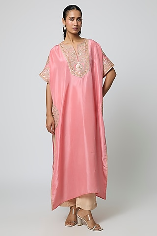 Pink Silk Gota Embroidered Kaftan Set by Avacara