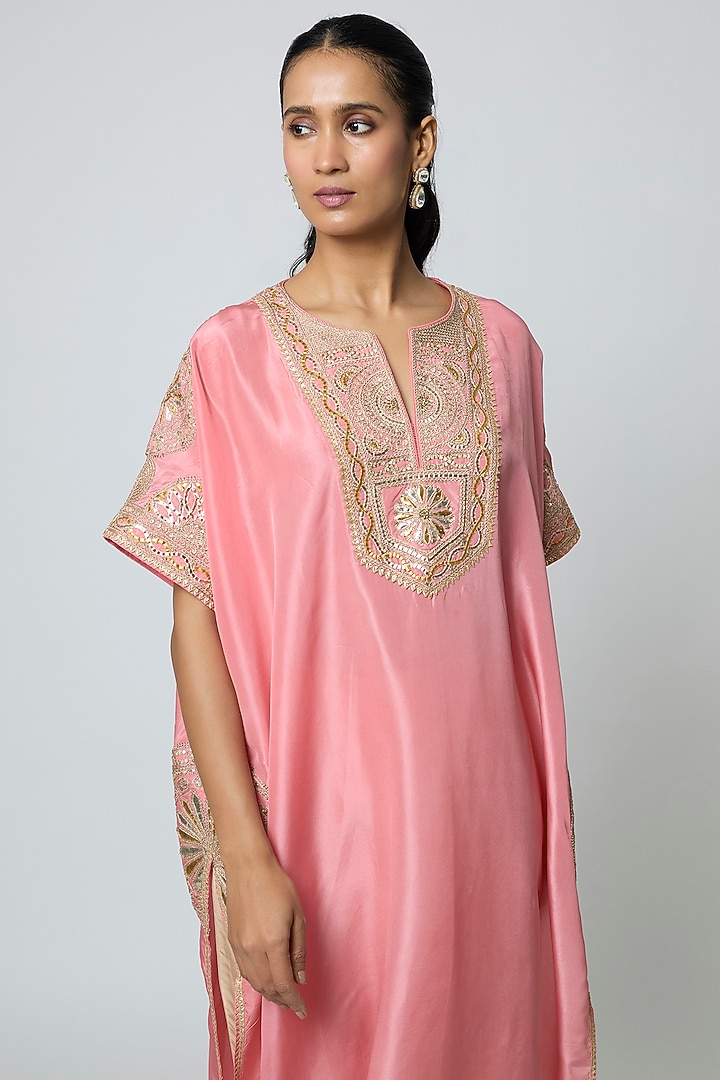 Pink Silk Gota Embroidered Kaftan Set by Avacara at Pernia's Pop Up Shop