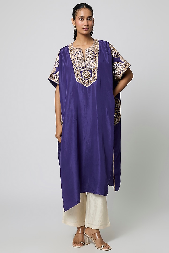 Blue Silk Gota Embroidered Kaftan Set by Avacara at Pernia's Pop Up Shop