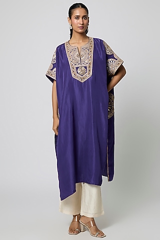Blue Silk Gota Embroidered Kaftan Set by Avacara