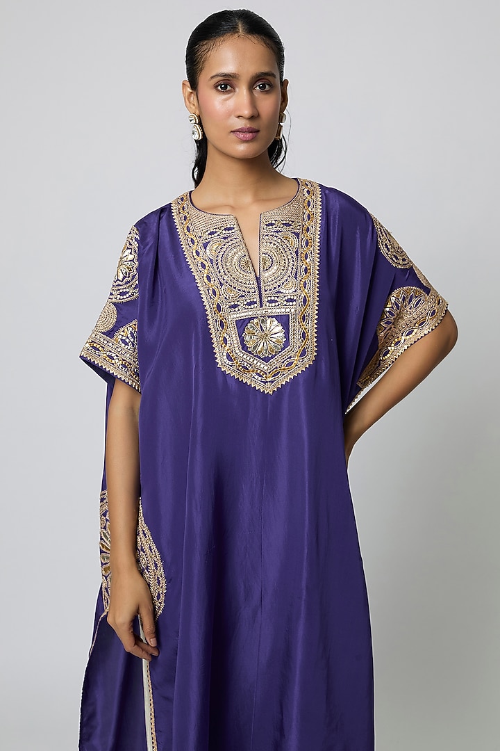 Blue Silk Gota Embroidered Kaftan Set by Avacara at Pernia's Pop Up Shop